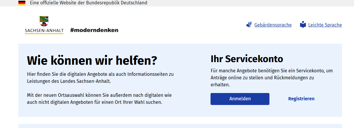 Screenshot der Startseite des Serviceportals Sachsen-Anhalt mit Anzeige der Möglichkeit der Registrierung und Anmeldung
