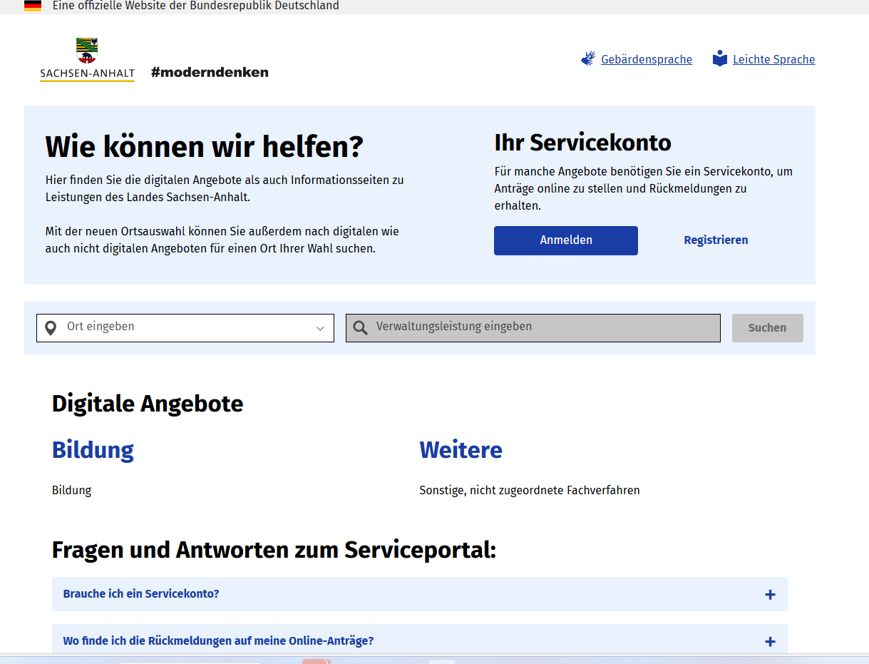 Screenshot der Startseite des Serviceportals Sachsen-Anhalt