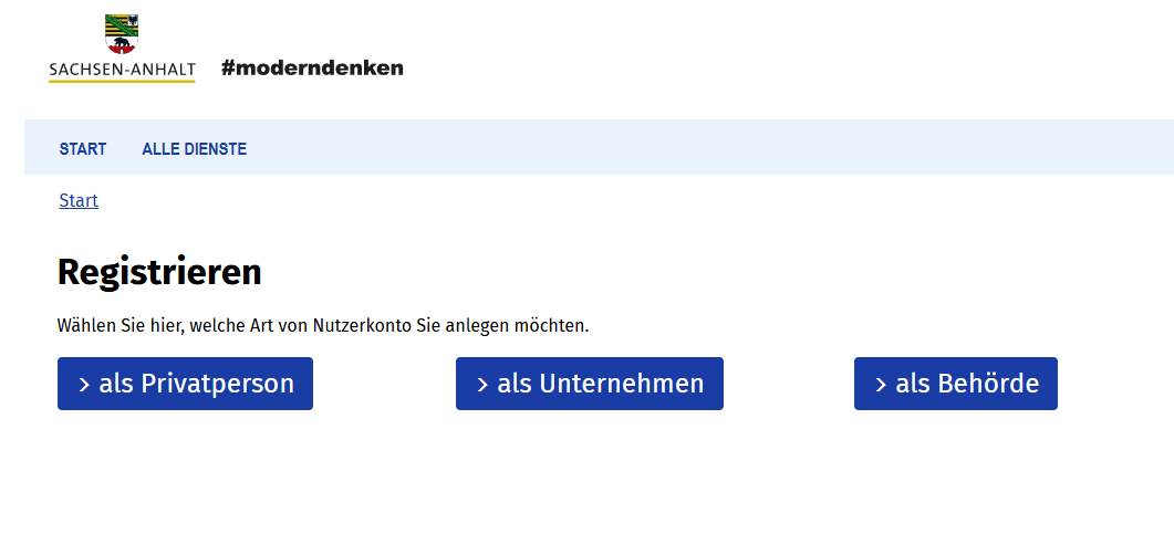 Screenshot der Seite, über die Sie sich registrieren können