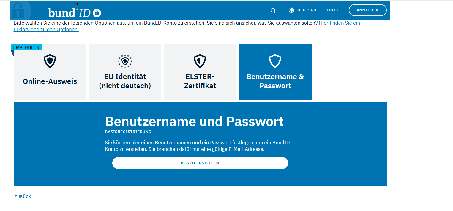 Screenshot mit den verschiedenen Optionen, um ein BundID-Konto zu erstellen