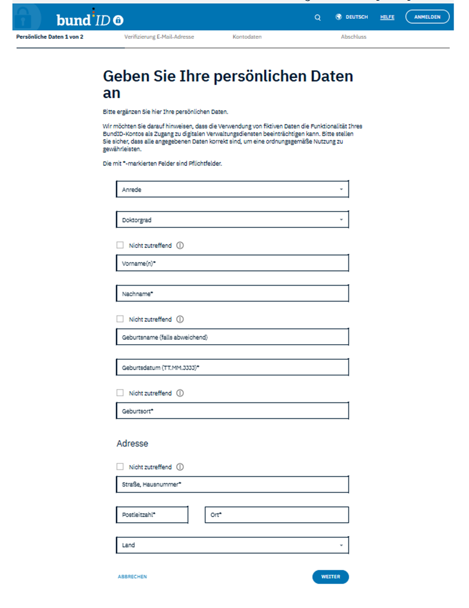 Screenshot des Formulars, das ausgefüllt werden muss