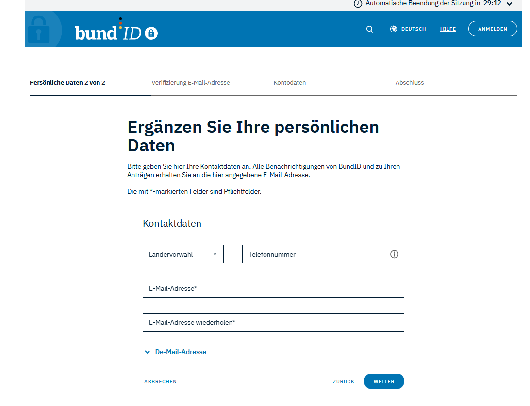 Screenshot des Formulars, um persönliche Daten zu ergänzen