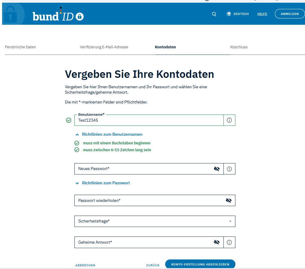 Screenshot der Formulars, um die Kontaktdaten einzugeben