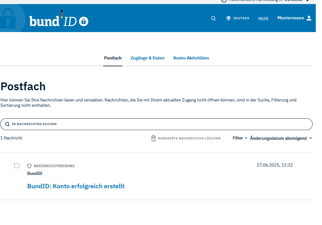 Screenshot des BundID Postfachs