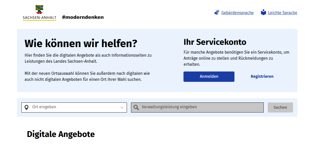 Screenshot der Seite, um Online-Dienste zu finden