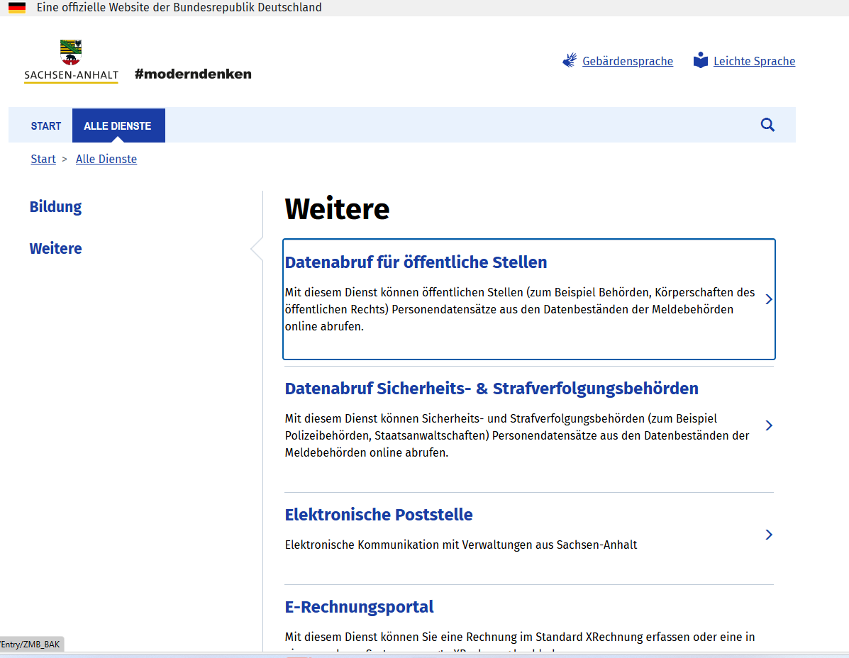 Screenshot der Seite Alle Dienste