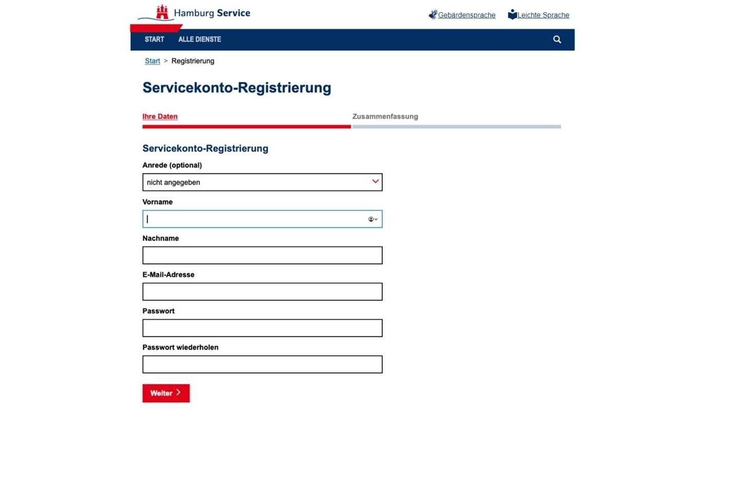 Hamburg Service Servicekonto-Registrierung