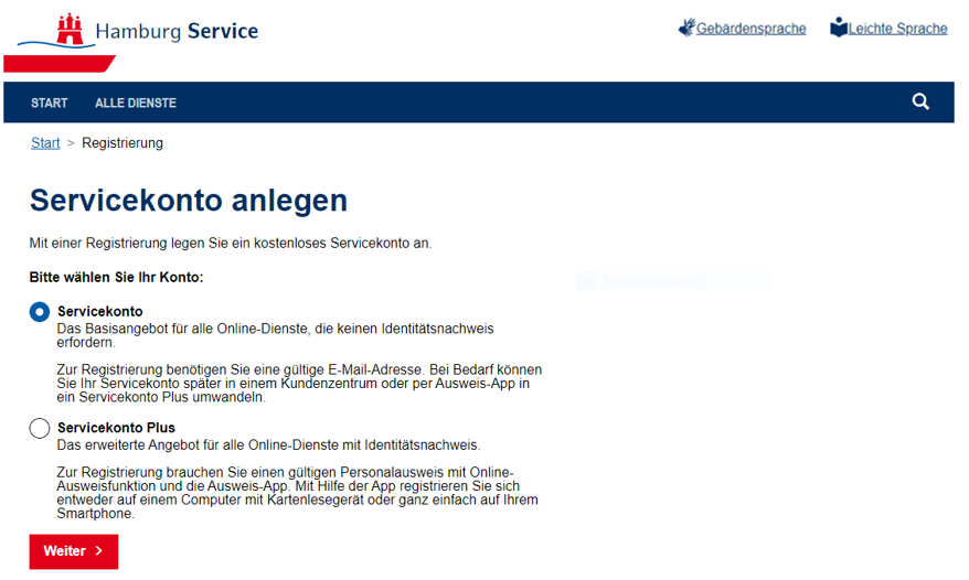 Hamburg Service Servicekonto anlegen